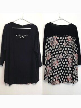 ROSE + OLIVE Plus Size Solid Black + Black White Floral Polka Dot 3/4 Sleeve Top